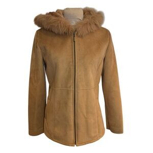 Apostrophe Women’s Faux Suede Hooded Coat Camel/Tan Full Zip Sz.S